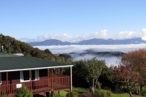 Looking out at the mists over the Lodge          